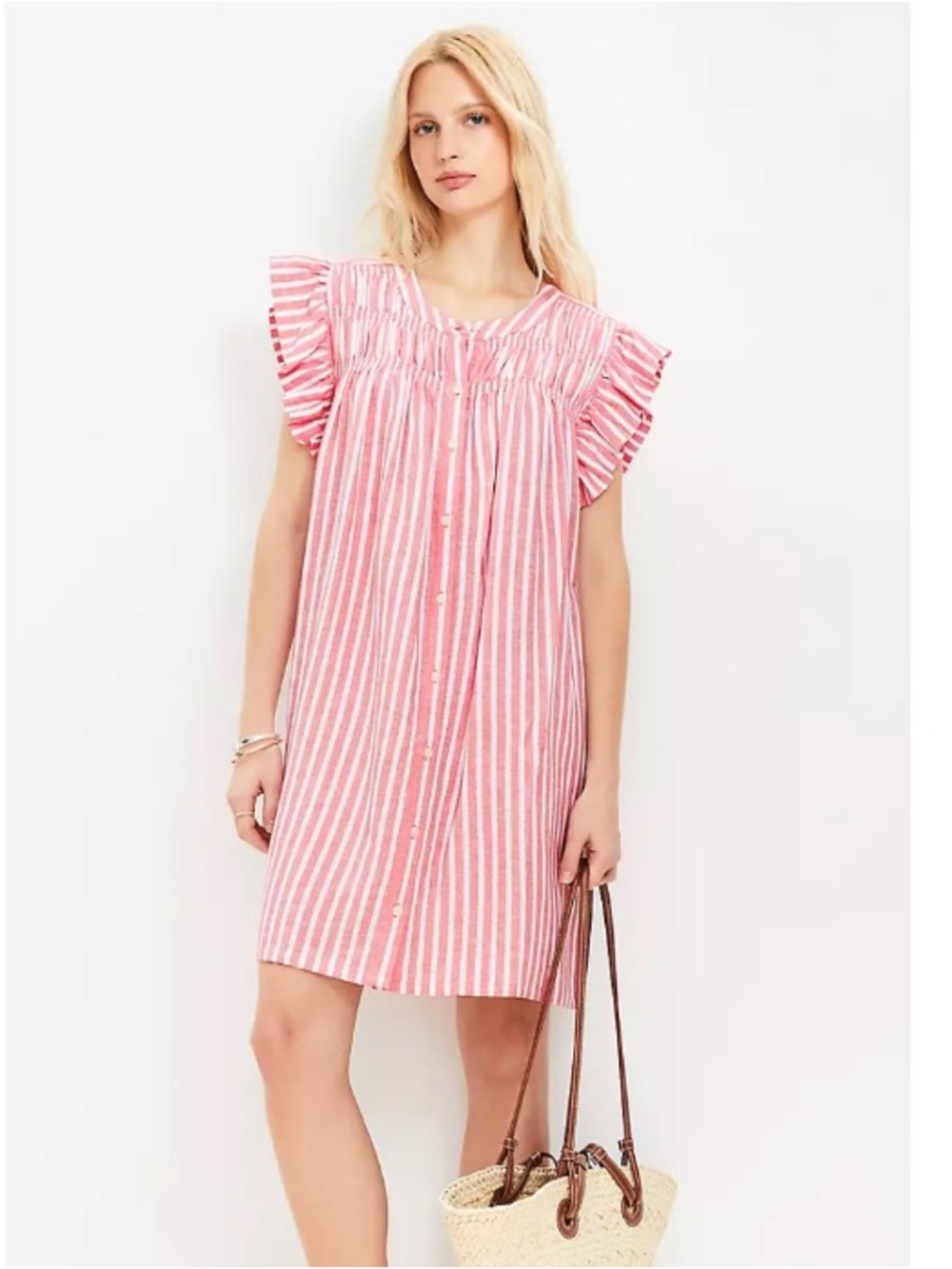 Ann Taylor LOFT Striped Linen Flutter Ruffle Sleeve Shift Mini Dress Pink XS